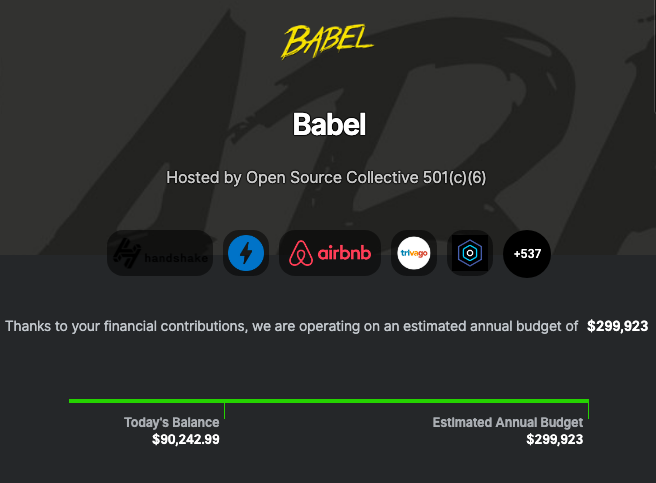 Babel Open Collective landing: £300.000 yearly budget.