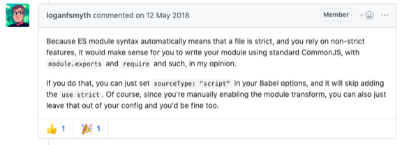 babel maintainer commenting not to use es6 modules without strict mode